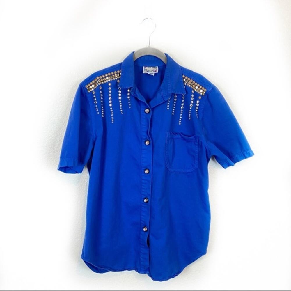 80s Bling Bedazzled Bold Blue Camp Shirt Women's Glam Oversized Studs SZ 10